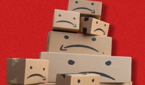 Boxes with the Amazon logo but the smile swoosh is now a frown