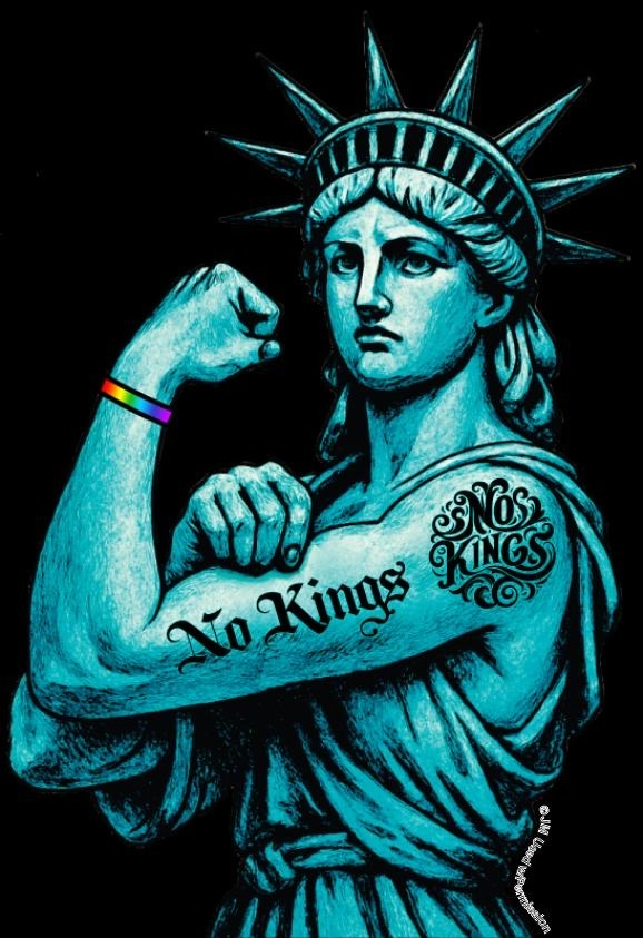Statue of Liberty in Rosie the Riveter pose with No KIngs tatoos