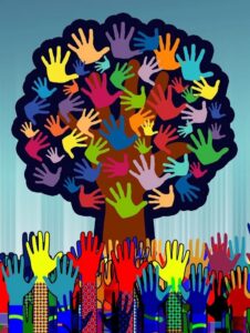 illustration of a tree made up of multicolored hands