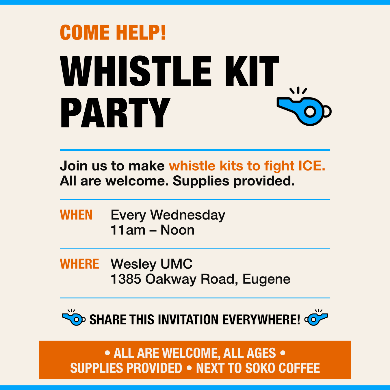 Whistle Kit Party Wednesdays at Wesley UMC